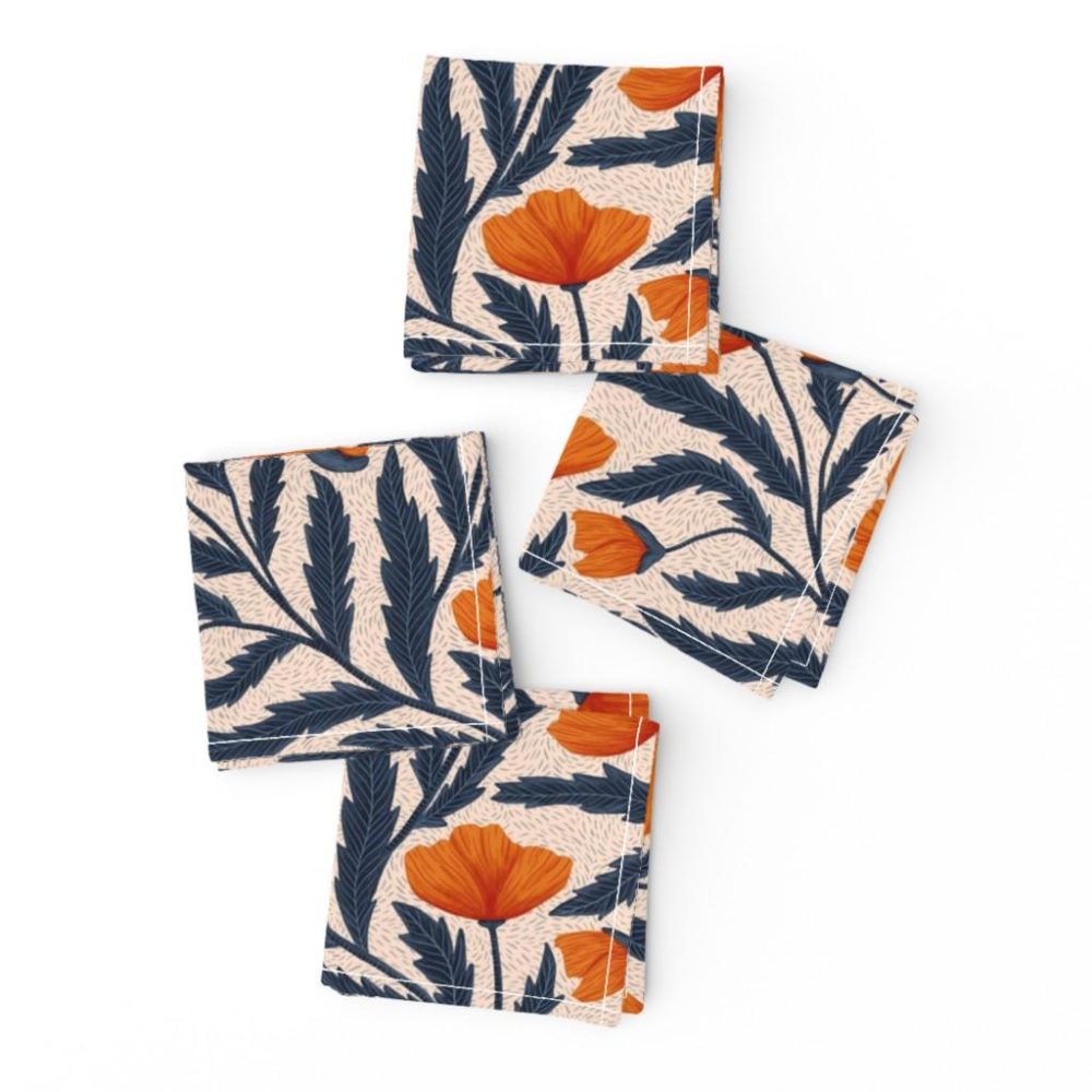 Cocktail Napkins |  Poppy Flower Blue and Orange Cocktail Napkins Cocktail Napkins Cocktail Napkins