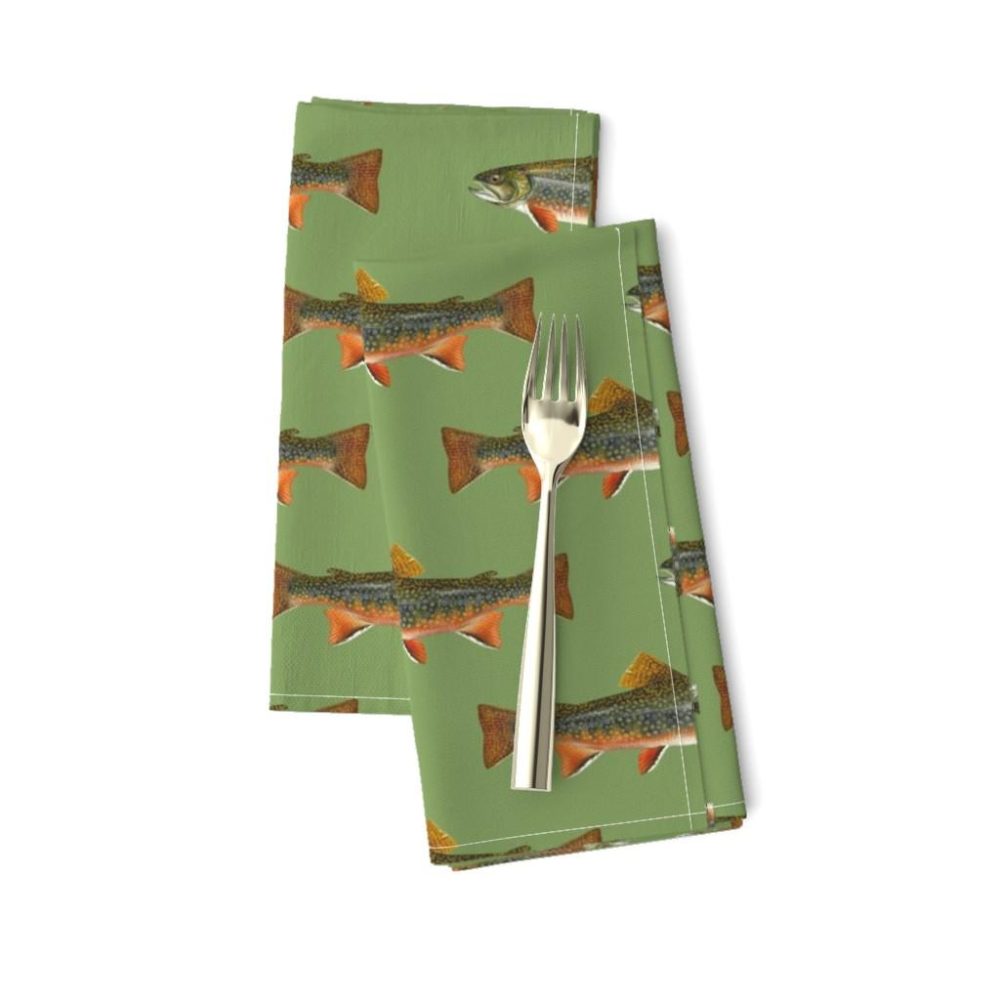 Dinner Napkins |  brook trout (5.5″)  on vintage green Dinner Napkins Dining Brook Trout (5.5") On Vintage Green