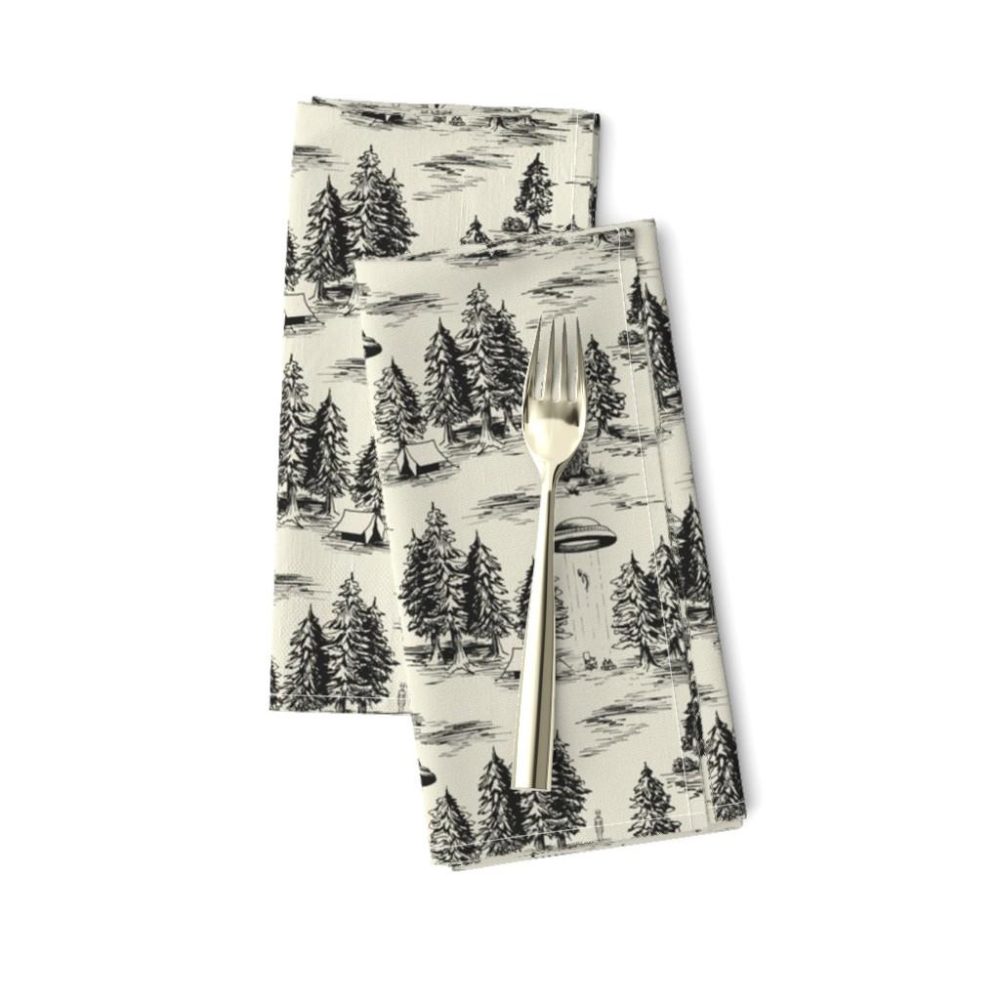 Dinner Napkins |  Small Scale Alien Abduction Toile de Jouy in Black Dinner Napkins Dining Dinner Napkins