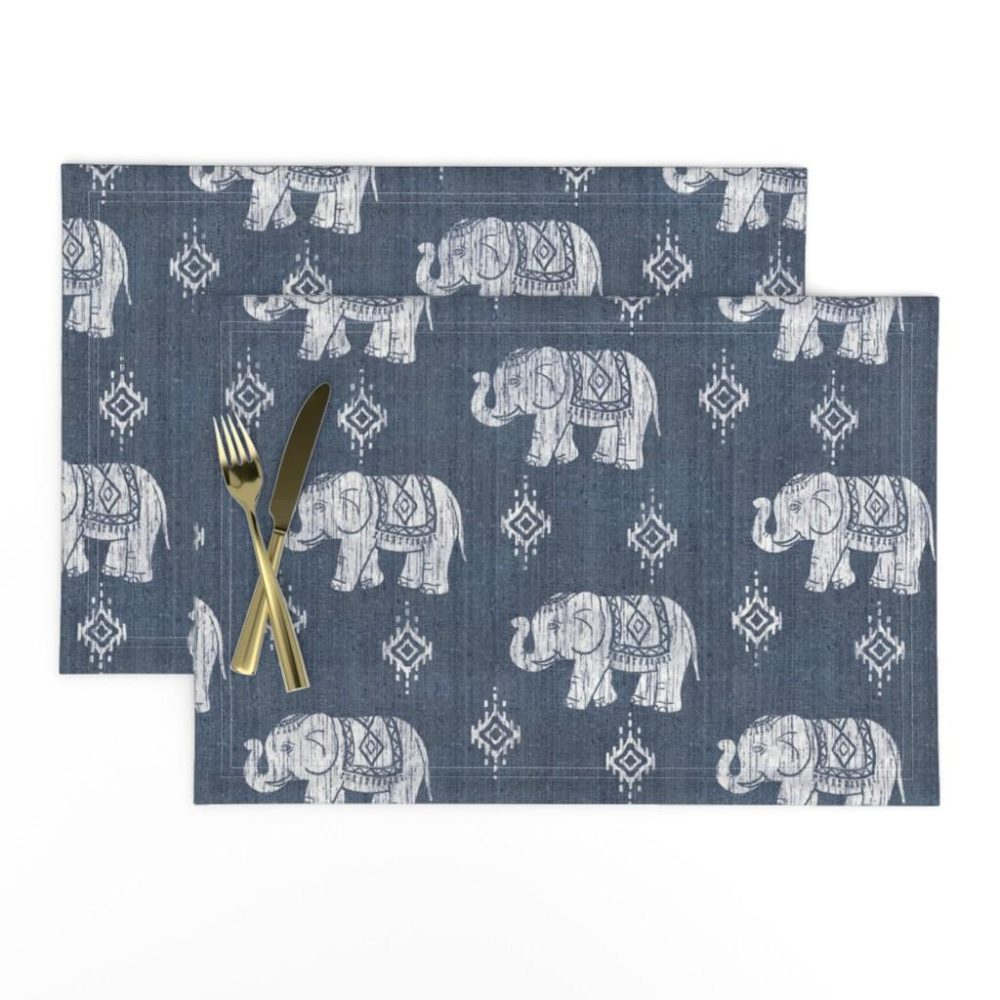 Placemats |  Sharavathi Elephants – Indigo – Large Scale Placemats Dining Placemats