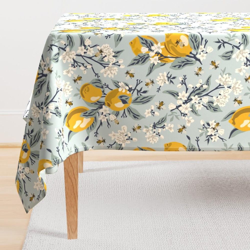 Rectangular Tablecloths |  Bees & Lemons – Large – Blue (original colors) Rectangular Tablecloth Dining Rectangular Tablecloths