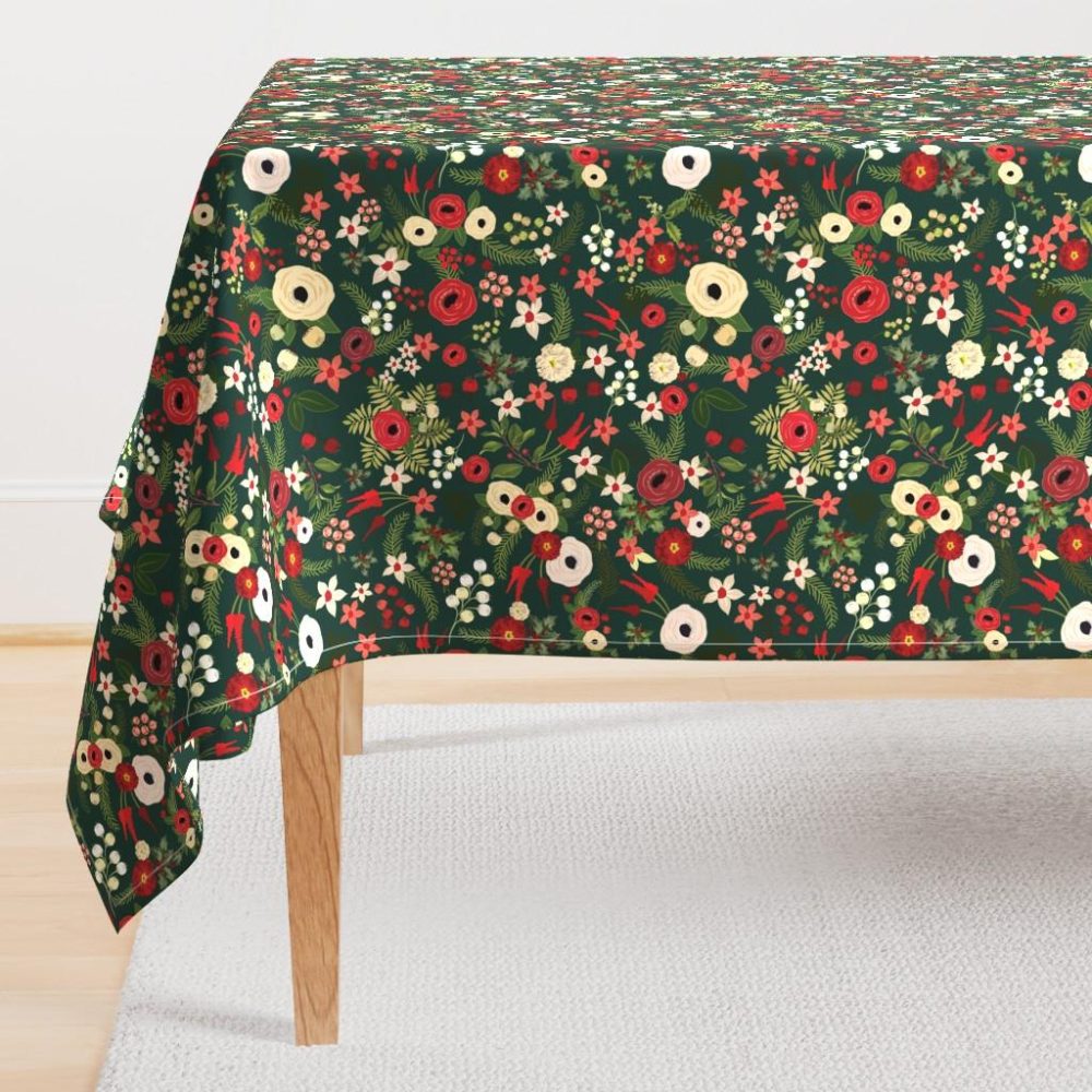 Rectangular Tablecloths |  Vintage Christmas Floral Hunter Green Rectangular Tablecloth Dining Rectangular Tablecloths