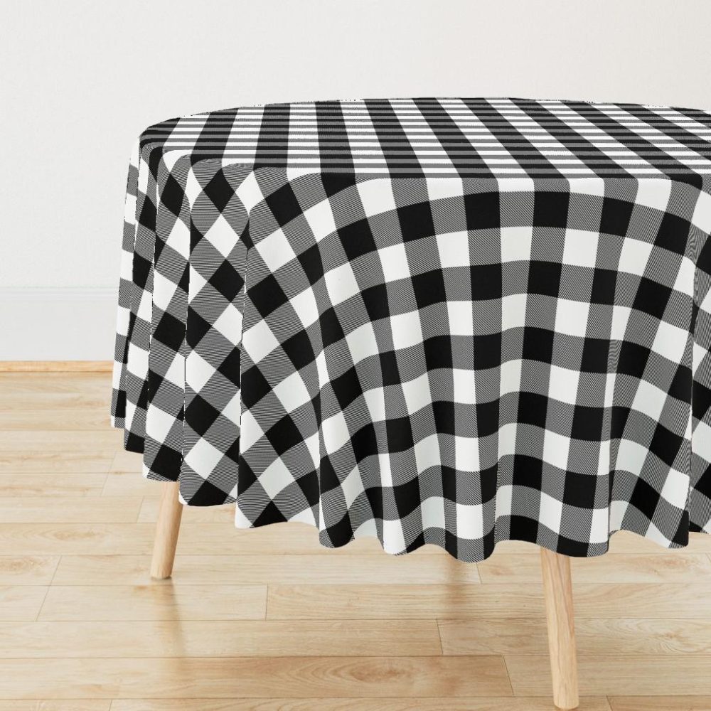 Round Tablecloths |  2″ Buffalo Plaid with Twill Pattern | Black and White Collection Round Tablecloth Dining 2" Buffalo Plaid With Twill Pattern