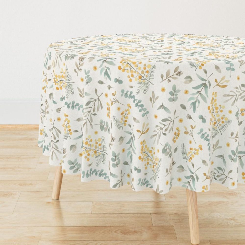 Round Tablecloths |  Australian wattle and eucalyptus watercolor floral  – LARGE Round Tablecloth Dining Australian Wattle And Eucalyptus Watercolor Floral - Large