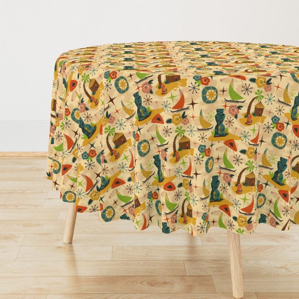 Round Tablecloths |  Mid Mod Tiki // midcentury modern tiki statue hut island atomic retro fabric Round Tablecloth Dining Round Tablecloths