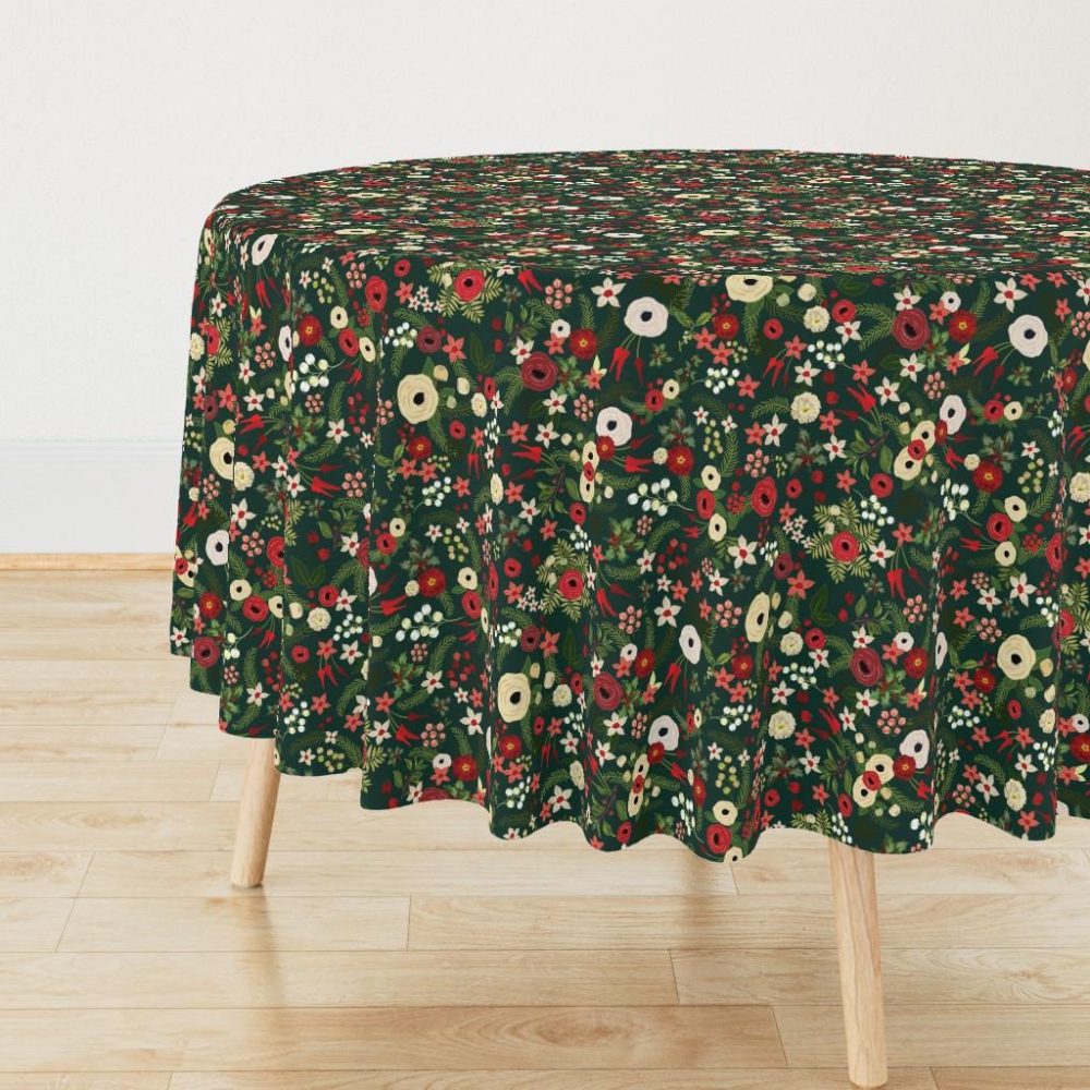 Round Tablecloths |  Vintage Christmas Floral Hunter Green Round Tablecloth Dining Round Tablecloths