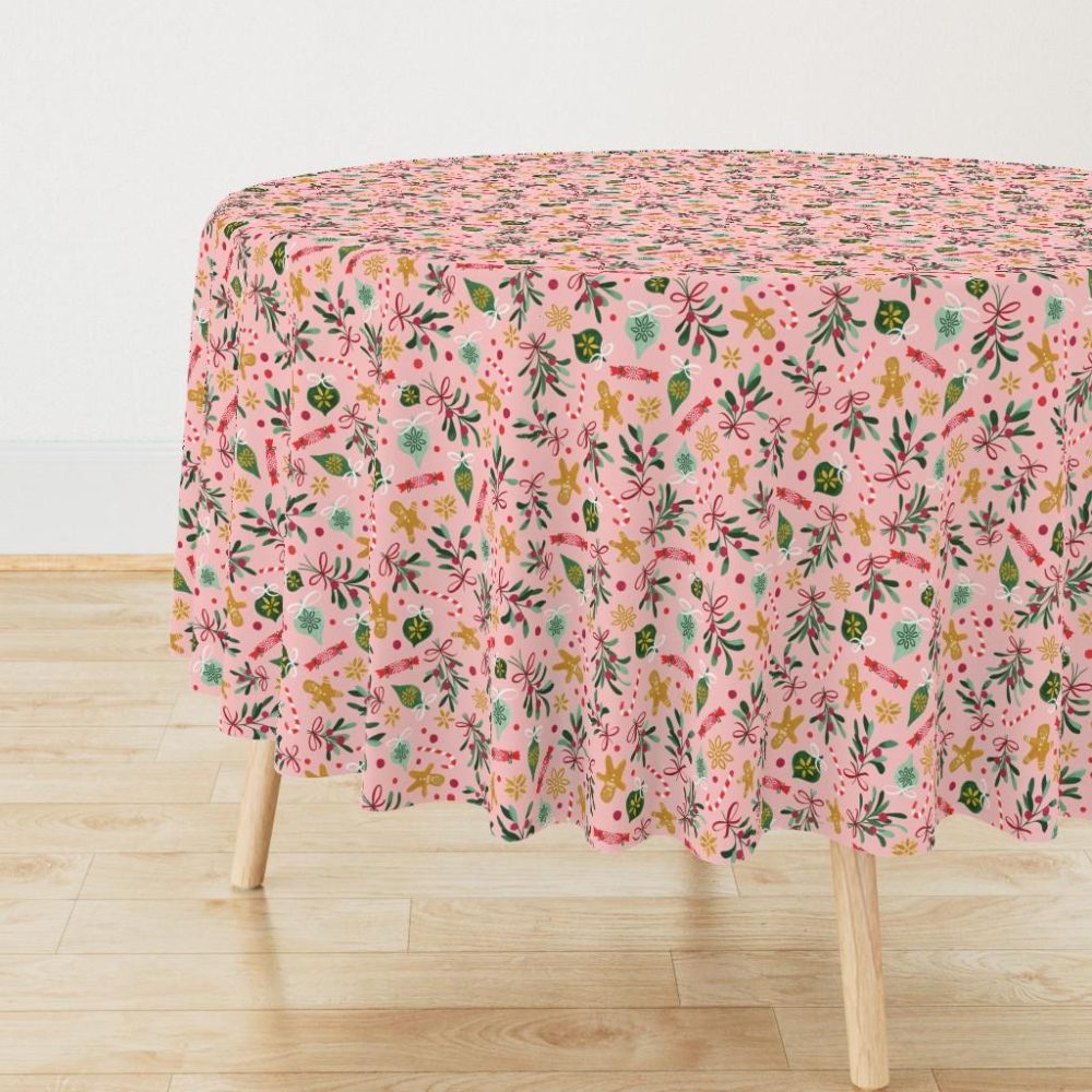 Round Tablecloths |  Vintage Christmas/ Pink Winter Holidays Fabric/ Gingerbread Mistletoe Fabric Round Tablecloth Dining Round Tablecloths