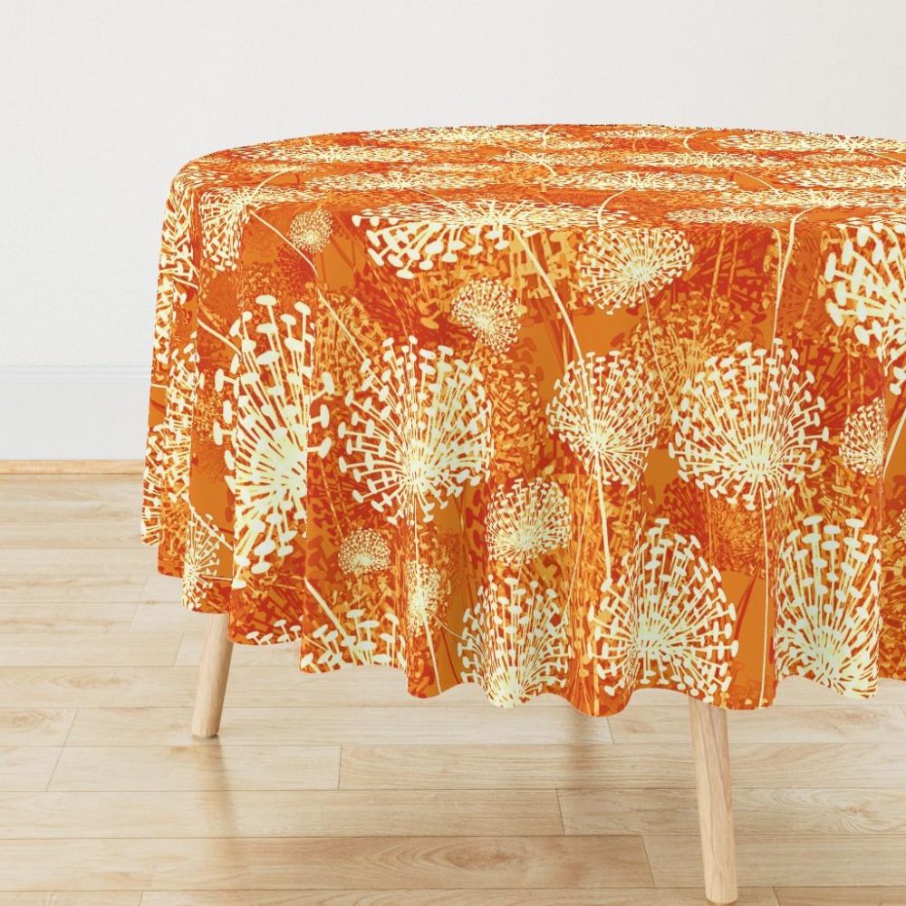 Round Tablecloths |  Vintage Orange Dandelions Large Scale Round Tablecloth Dining Round Tablecloths