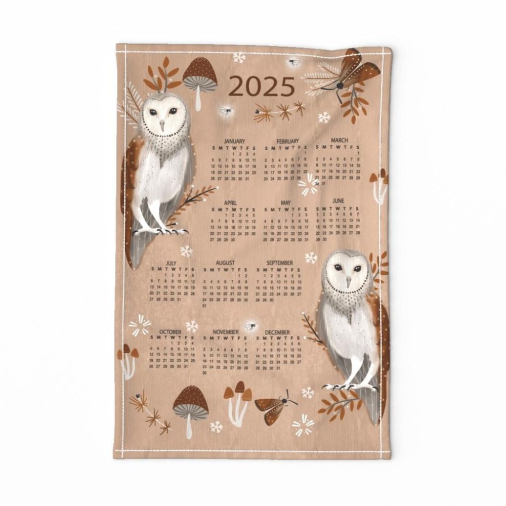 Tea Towels |  owl calendar brown 2025 Tea Towel Dining Owl Calendar Brown 2025