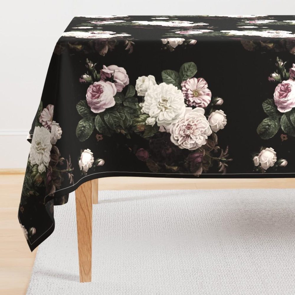 Rectangular Tablecloths |  Vintage roses jumbo scale dark moody floral black Rectangular Tablecloth Dining Rectangular Tablecloths