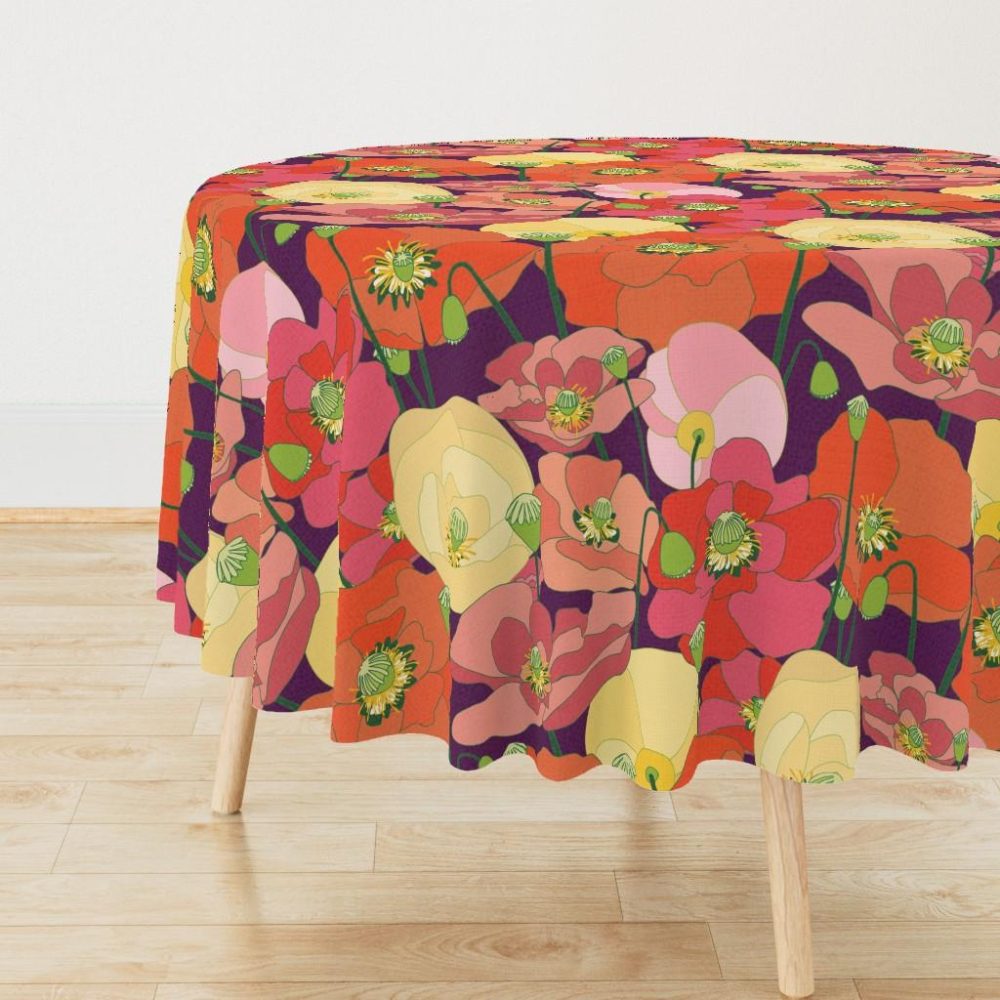 Round Tablecloths |  Wild Poppy Meadow – large scale Round Tablecloth Dining Round Tablecloths