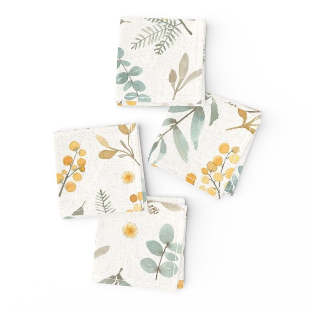 Cocktail Napkins |  Australian wattle and eucalyptus watercolor floral  – LARGE Cocktail Napkins Cocktail Napkins Australian Wattle And Eucalyptus Watercolor Floral - Large