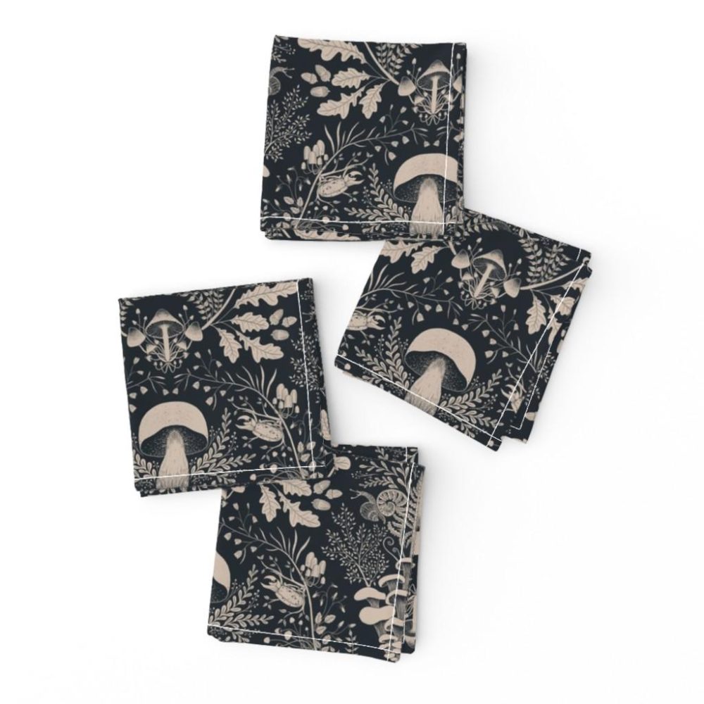 Cocktail Napkins |  Mushroom forest damask wallpaper dark blue  Cocktail Napkins Cocktail Napkins Cocktail Napkins